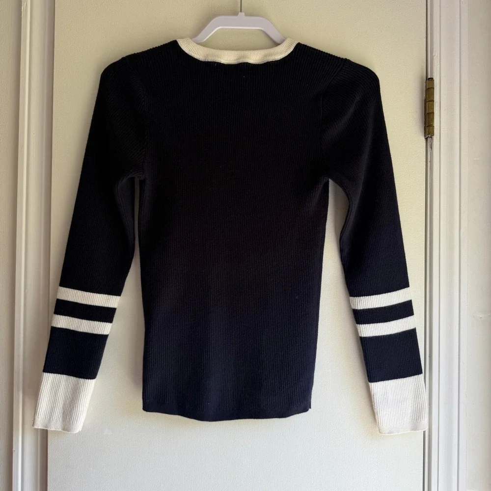 Faherty Navy Blue Organic Cotton Cashmere Ribbed Henley Sweater Stripe WYC0006 - Picture 7 of 9